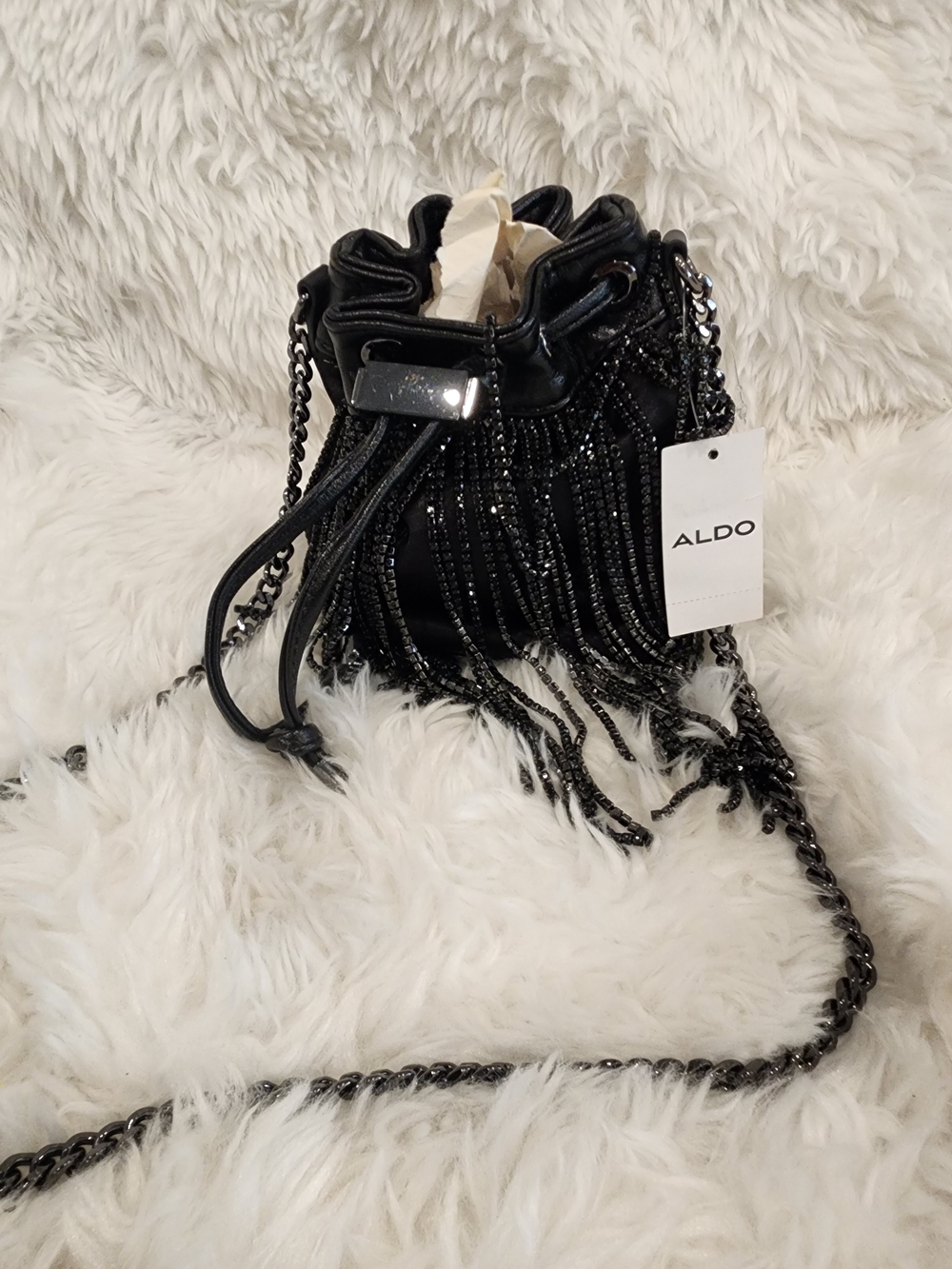 ALDO Black Beaded Fringe Drawstring Crossbody Bag